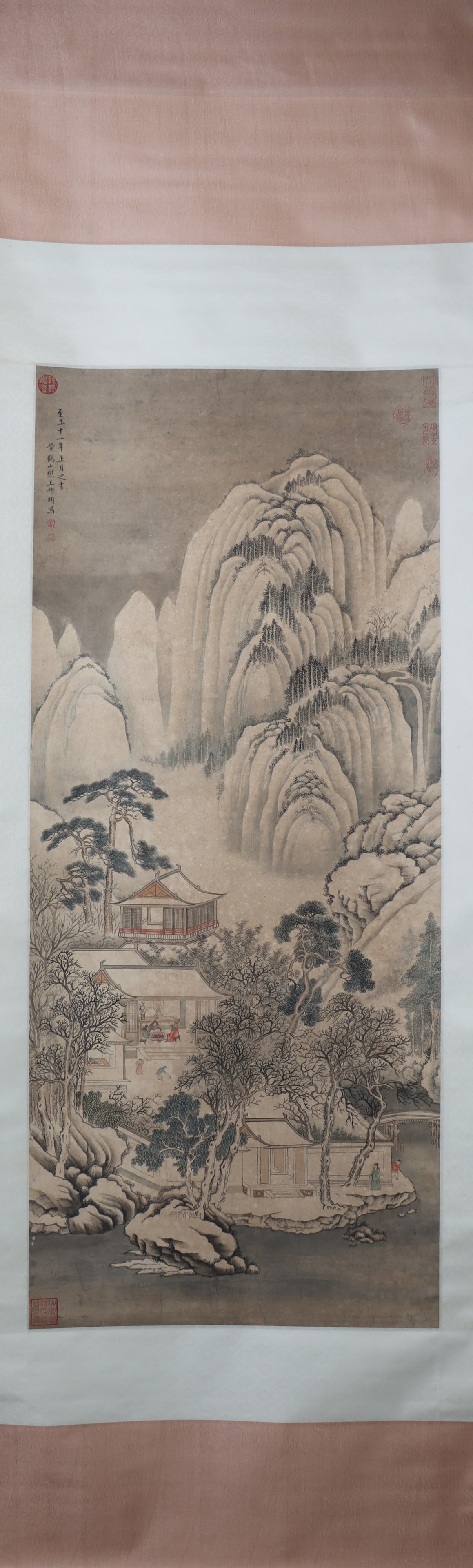 A Chinese Vertical Scroll Ink Painting of Landscape and Figure on Paper: A Chinese Vertical Scroll Ink Painting of Landscape and Figure on Paper Wang meng Size:130cmx55cm (The Dimensions Of All Batches Are Manually Measured.If You Need More Detailed Information, Please