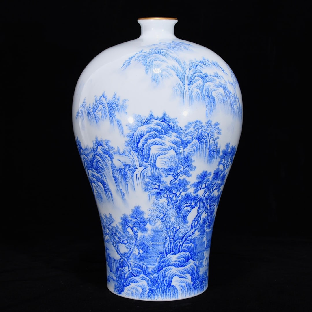An Exquisite Blue and White Landscape Pattern with poem Vase: An Exquisite Blue and White Landscape Pattern with poem Vase Qing Dynasty, China Yongzheng Six-character Mark Size:30cmx20cm (The Dimensions Of All Batches Are Manually Measured.If You Need More