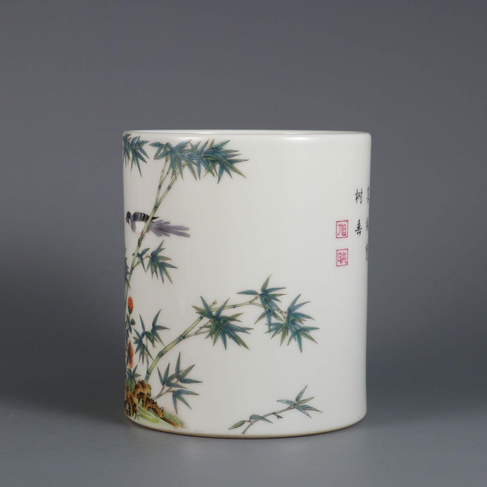 An Exquisite Enamel Flower and Bird Pattern with poem Brush Pot - 2