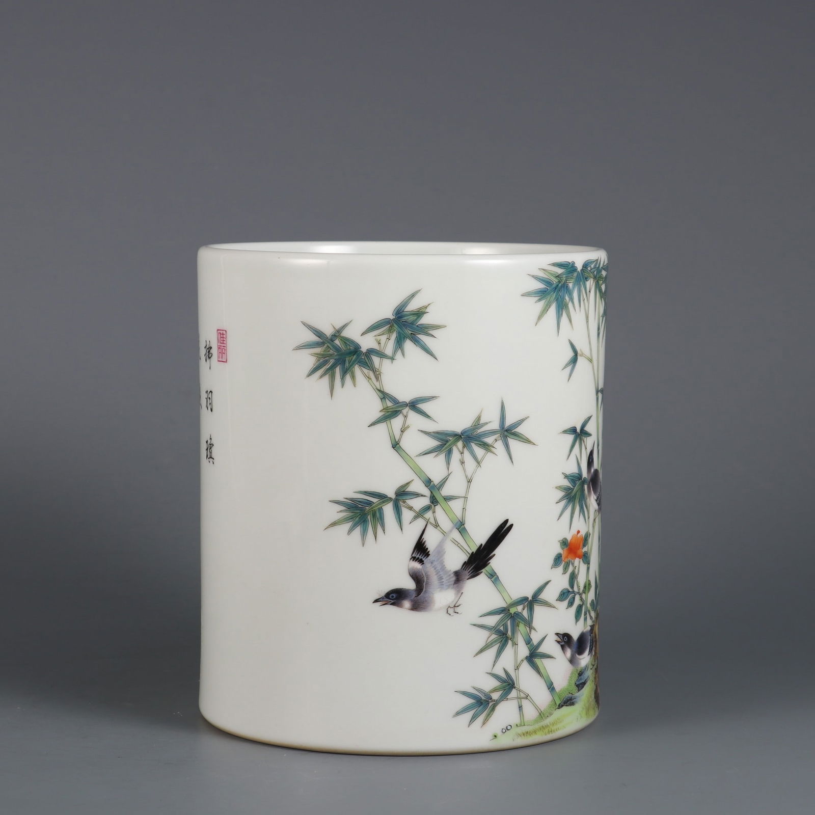 An Exquisite Enamel Flower and Bird Pattern with poem Brush Pot - 4
