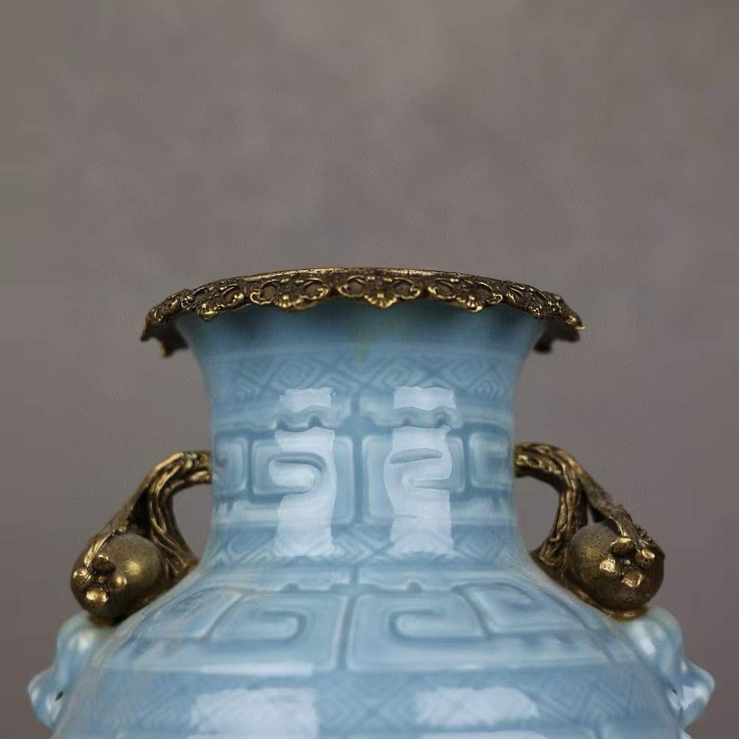 An Exquisite Sky Blue Glazed Inlaid Bronze Double-Ears Vase - 2