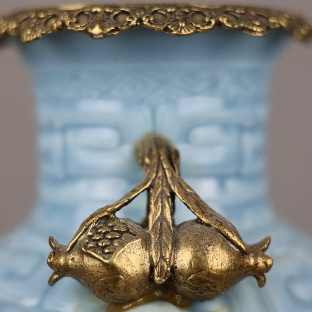 An Exquisite Sky Blue Glazed Inlaid Bronze Double-Ears Vase - 4