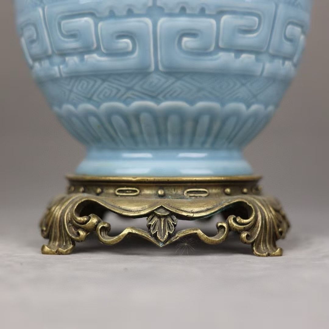 An Exquisite Sky Blue Glazed Inlaid Bronze Double-Ears Vase - 5