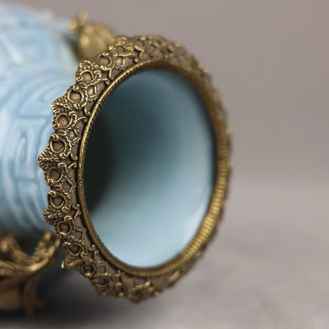 An Exquisite Sky Blue Glazed Inlaid Bronze Double-Ears Vase - 7