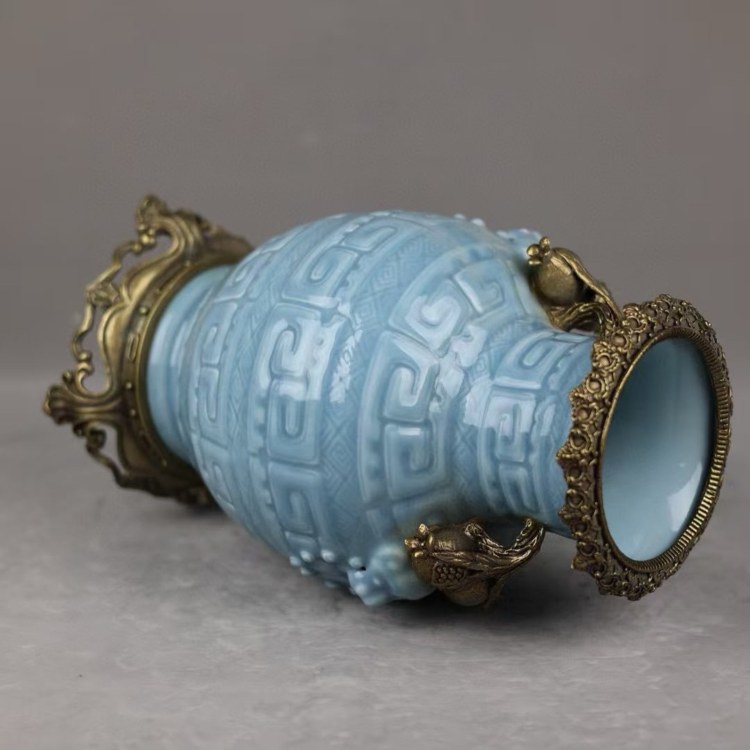 An Exquisite Sky Blue Glazed Inlaid Bronze Double-Ears Vase - 8