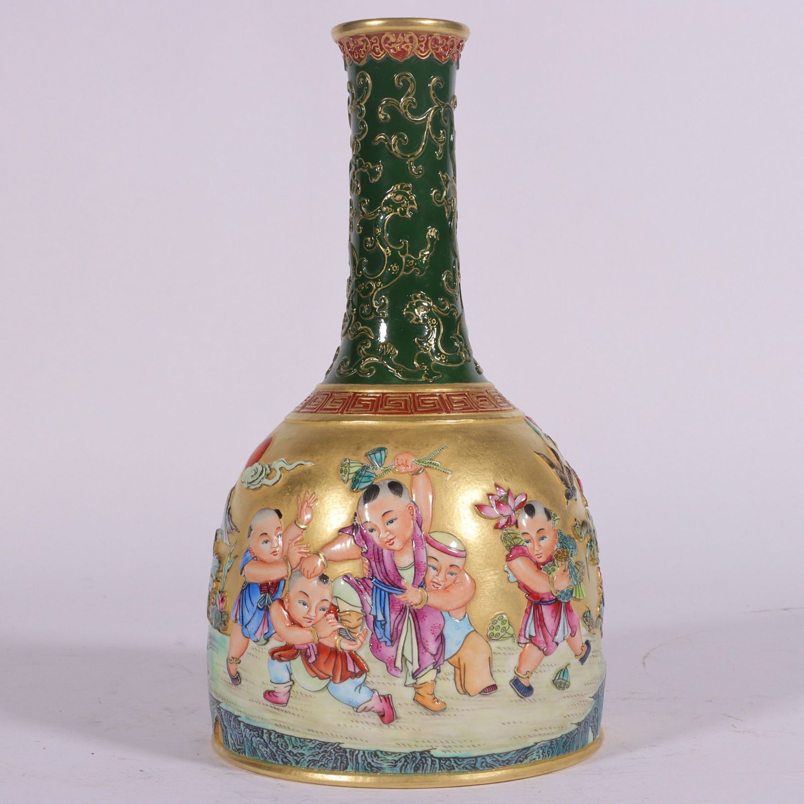 An Exquisite Enamel Green Ground Lotus Pattern Character and Story Pattern Vase: An Exquisite Enamel Green Ground Lotus Pattern Character and Story Pattern Vase Qing Dynasty, China Qianlong Six-character Mark Size:21cmx11.6cm (The Dimensions Of All Batches Are Manually