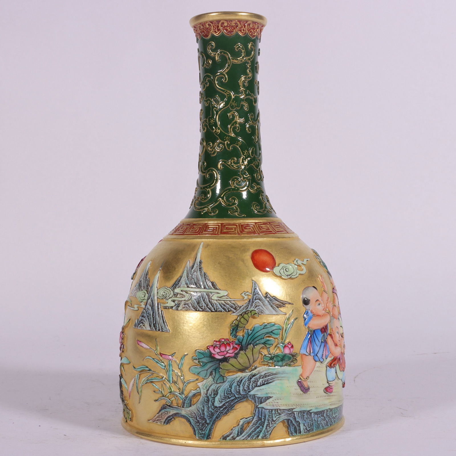 An Exquisite Enamel Green Ground Lotus Pattern Character and Story Pattern Vase - 7