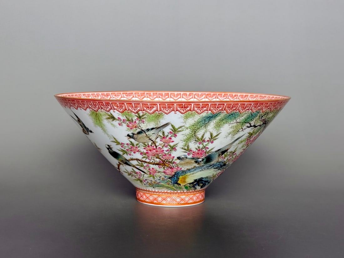 An Exquisite Iron-Red Flower and Bird Pattern Bats and Peach Pattern with poem Bowl: An Exquisite Iron-Red Flower and Bird Pattern Bats and Peach Pattern with poem Bowl Qing Dynasty, China Qianlong Four-character Mark Size:8.5cmx18.6cm (The Dimensions Of All Batches Are Manually