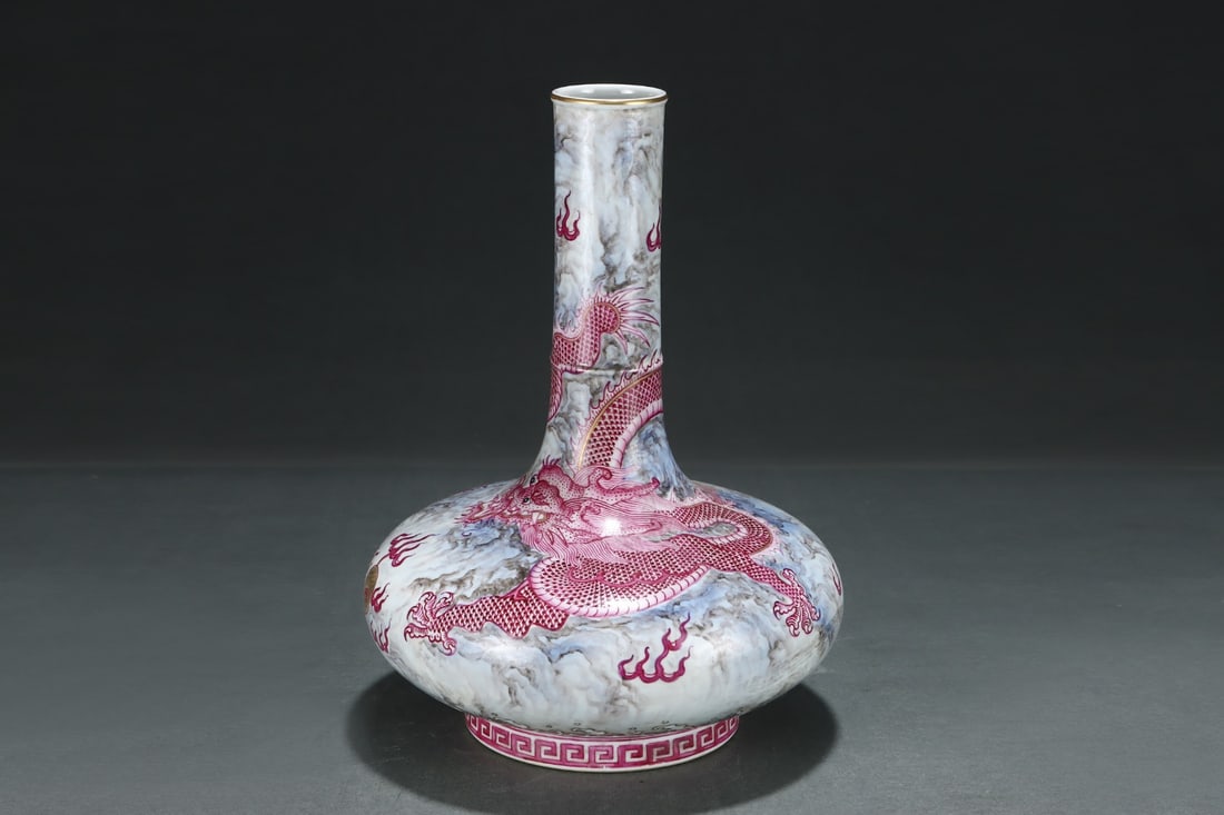 An Exquisite Ink Color Ruby Red-Glazed Painted Gold Dragon Pattern Seawater Pattern Vase - 2