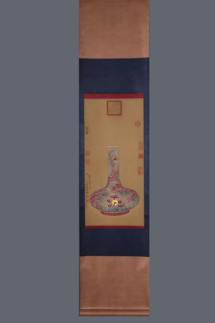 An Exquisite Ink Color Ruby Red-Glazed Painted Gold Dragon Pattern Seawater Pattern Vase - 6