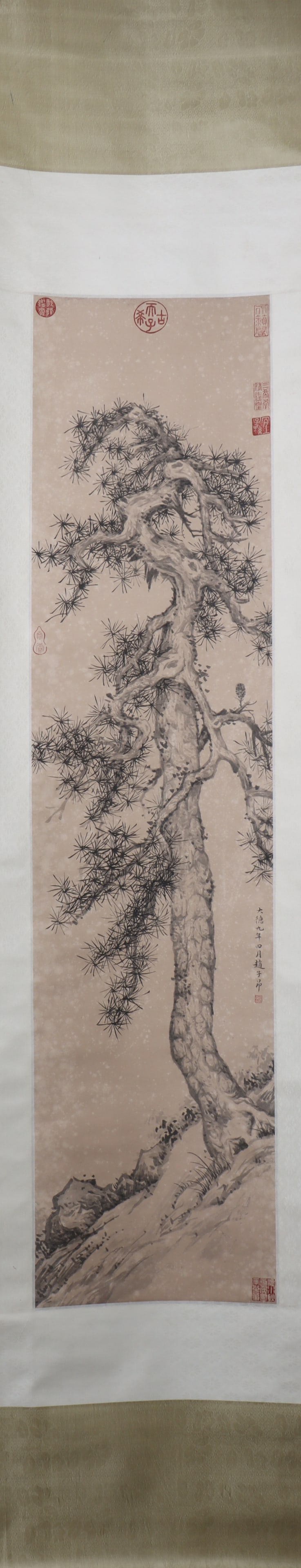A Chinese Vertical Scroll Ink Painting of Pine on Paper: A Chinese Vertical Scroll Ink Painting of Pine on Paper Zhao mengfu Size:133cmx32cm (The Dimensions Of All Batches Are Manually Measured.If You Need More Detailed Information, Please Contact Our