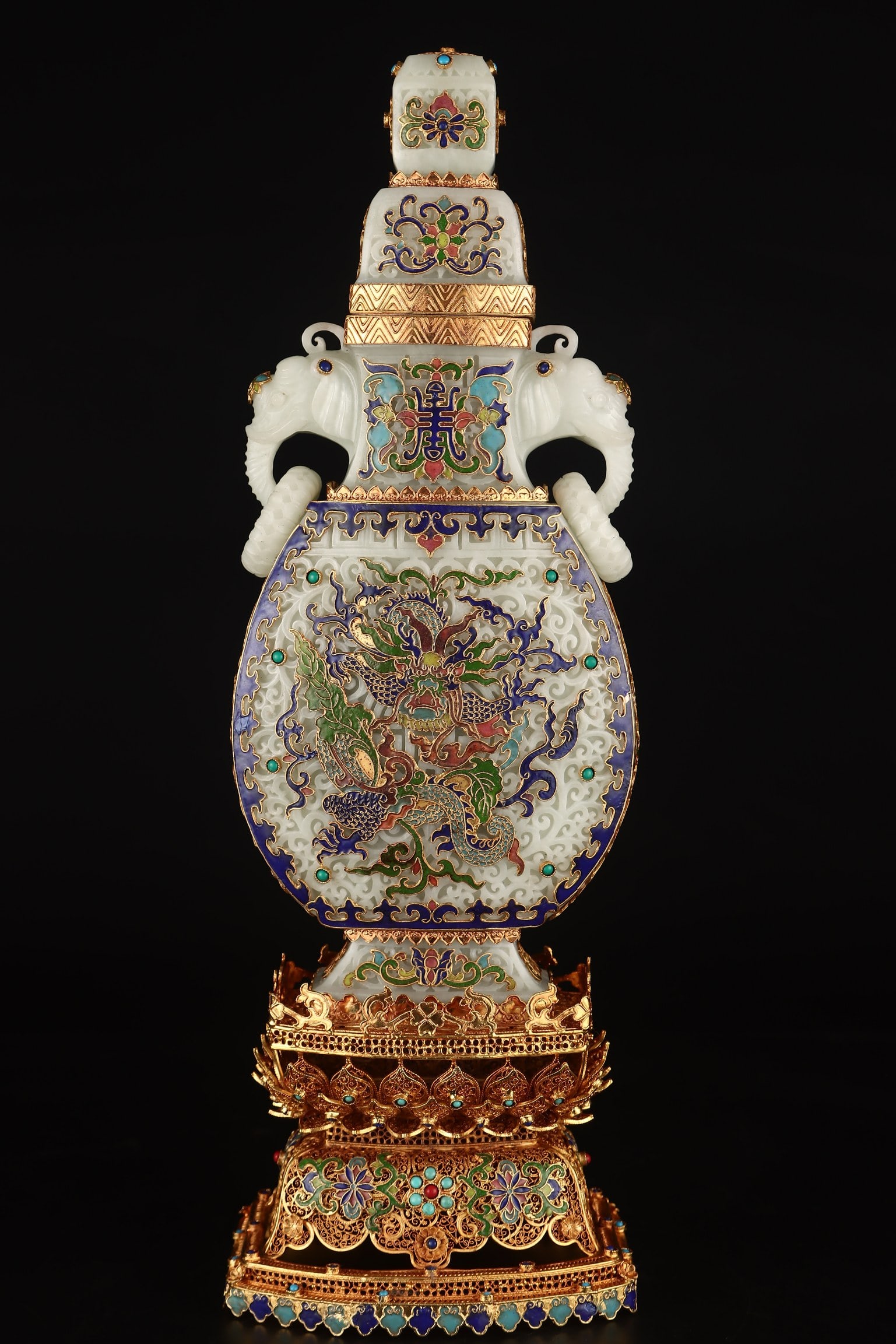 An Exquisite Gilt Bronze Inlaid Gems Dragon Pattern Double-Ears Vase Ornament (1 of 9)
