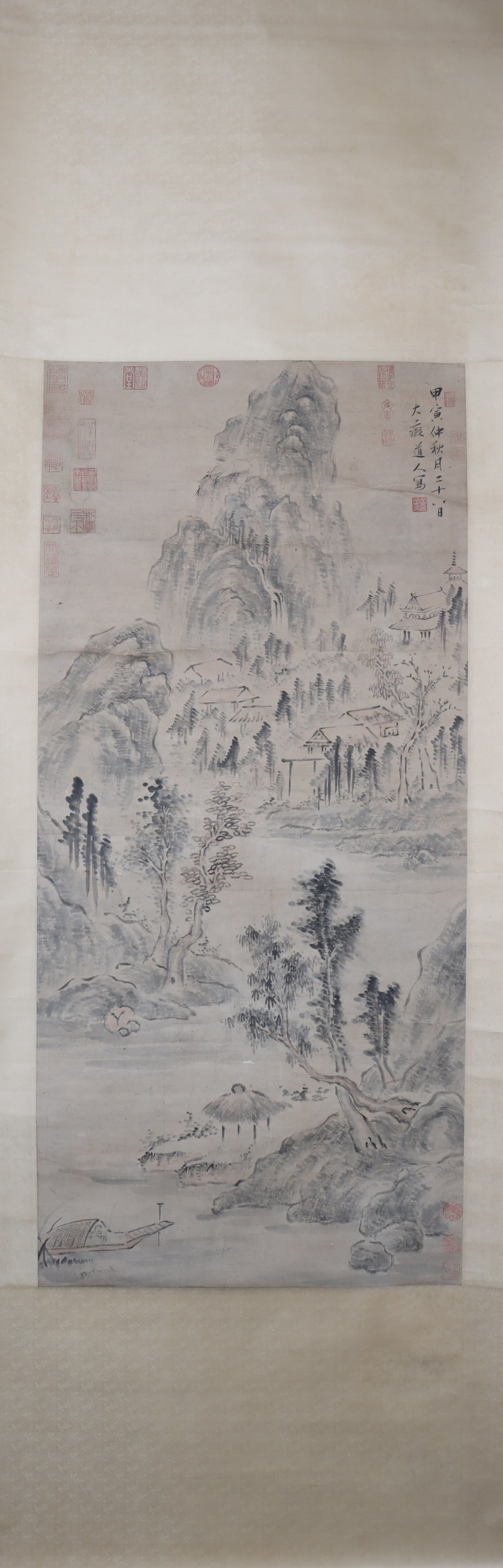 A Chinese Vertical Scroll Ink Painting of Landscape on Paper: A Chinese Vertical Scroll Ink Painting of Landscape on Paper Huang gongwang Size:122cmx56cm (The Dimensions Of All Batches Are Manually Measured.If You Need More Detailed Information, Please