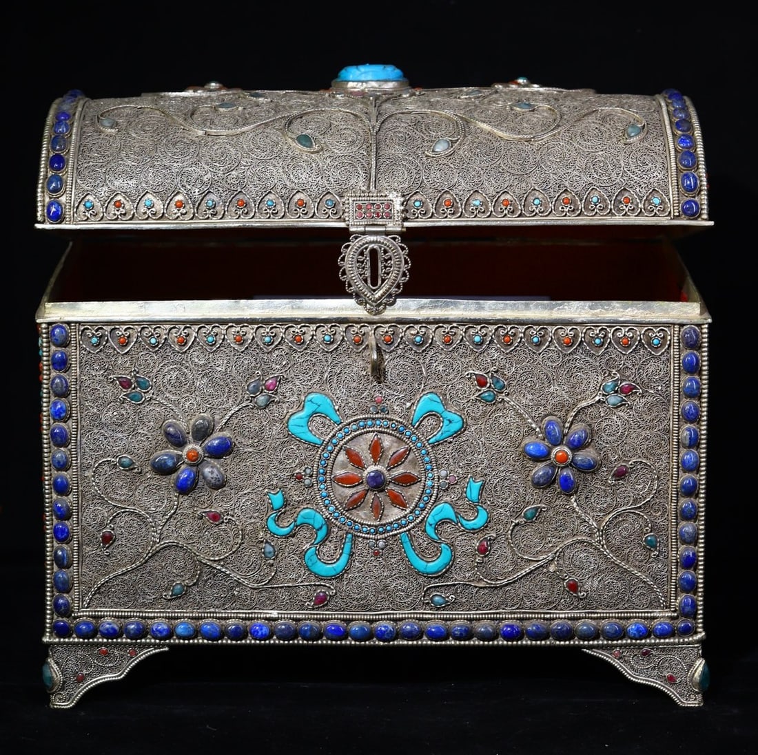 An Exquisite Silver Inlaid Gems Flower Pattern Box - 6
