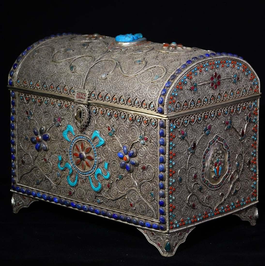 An Exquisite Silver Inlaid Gems Flower Pattern Box - 8