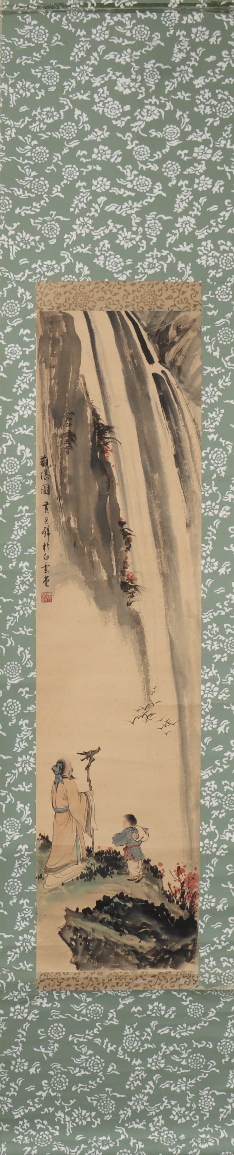 A Chinese Vertical Scroll Ink Painting of Landscape and Figure on Paper: A Chinese Vertical Scroll Ink Painting of Landscape and Figure on Paper Huang junbi Size:82cmx20cm (The Dimensions Of All Batches Are Manually Measured.If You Need More Detailed Information, Please