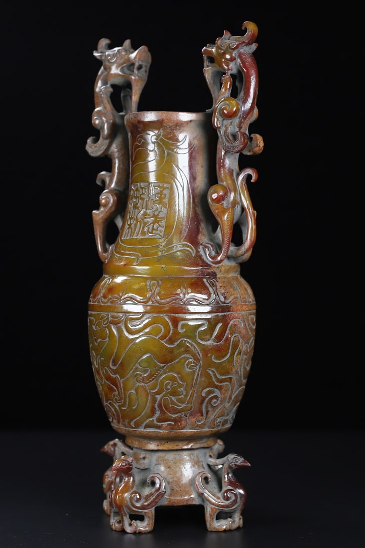 An Exquisite White Jade Dragon and Phoenix Pattern Double-Ears Vase - 4