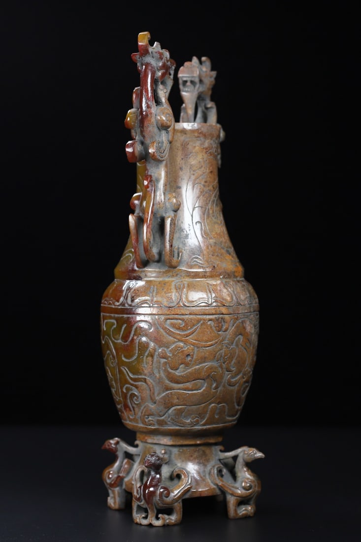 An Exquisite White Jade Dragon and Phoenix Pattern Double-Ears Vase - 5