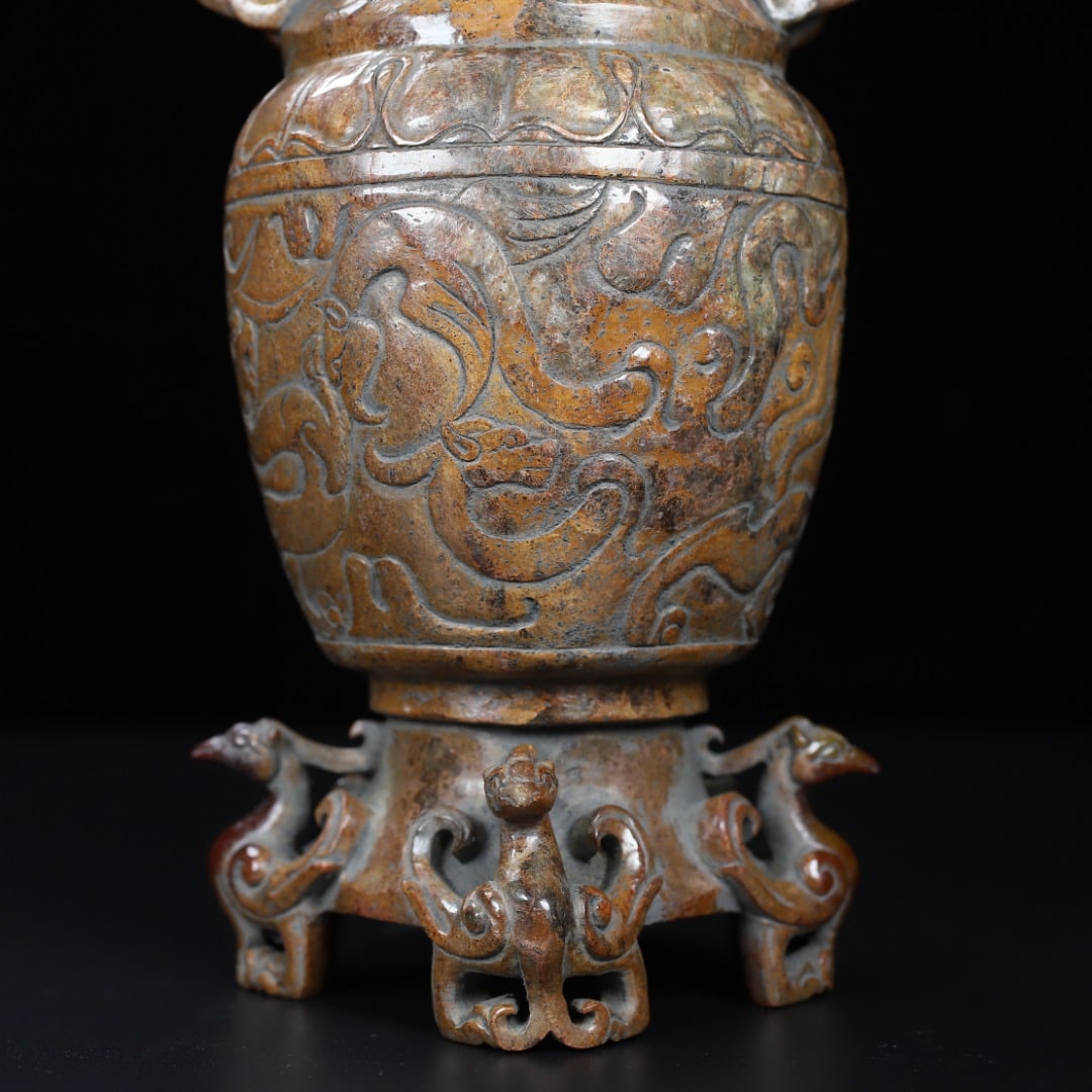 An Exquisite White Jade Dragon and Phoenix Pattern Double-Ears Vase - 7