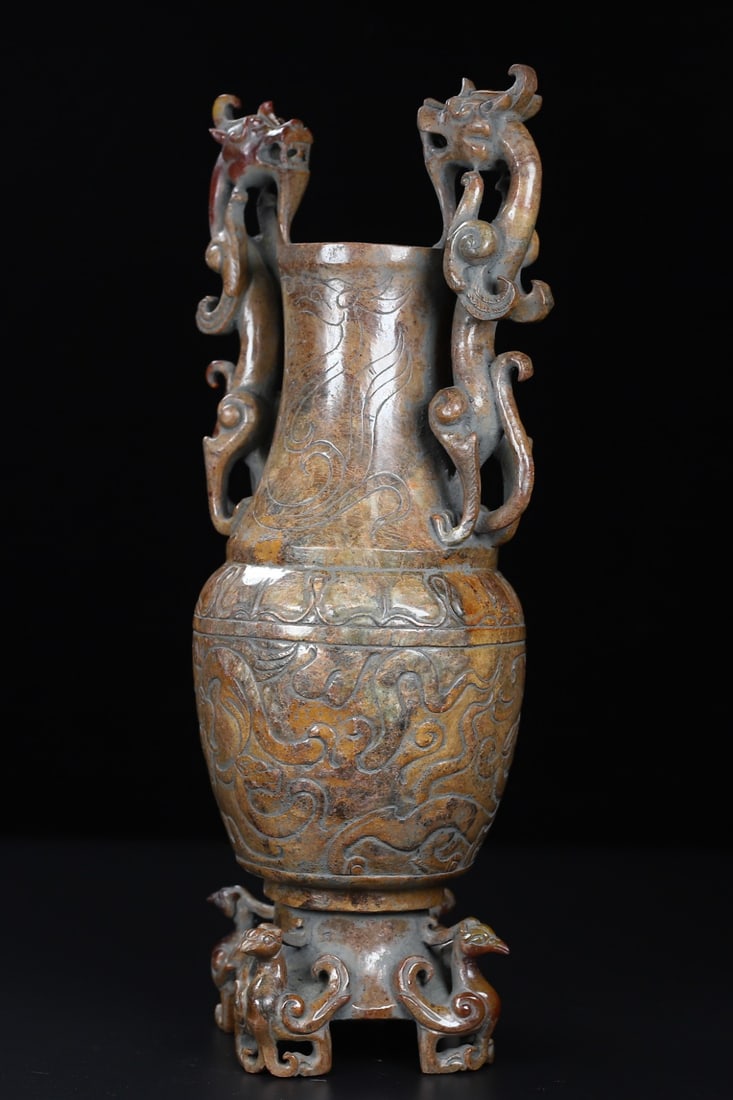 An Exquisite White Jade Dragon and Phoenix Pattern Double-Ears Vase - 8
