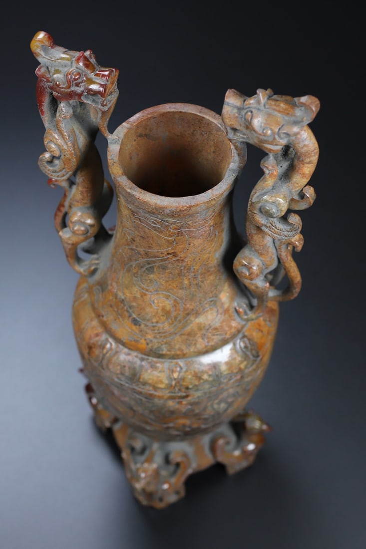 An Exquisite White Jade Dragon and Phoenix Pattern Double-Ears Vase - 9