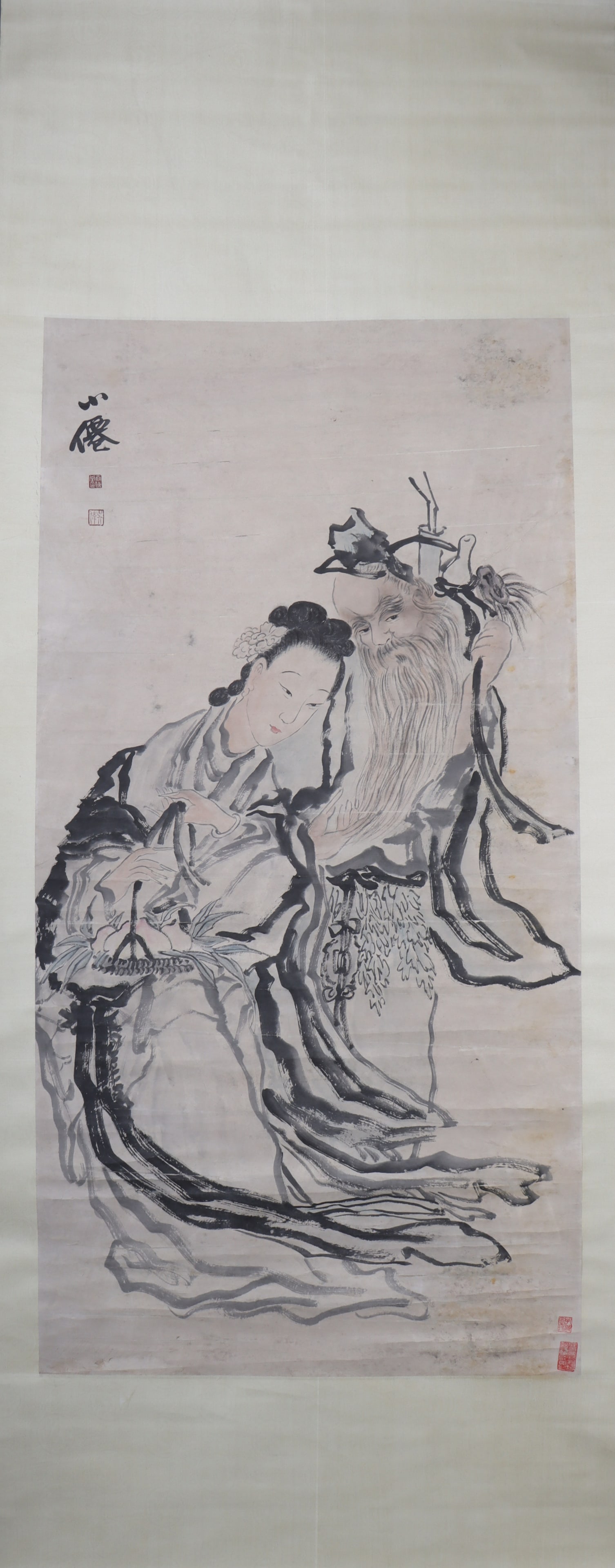 A Chinese Vertical Scroll Ink Painting of Figure on Paper: A Chinese Vertical Scroll Ink Painting of Figure on Paper Wu wei Size:136cmx68cm (The Dimensions Of All Batches Are Manually Measured.If You Need More Detailed Information, Please Contact Our