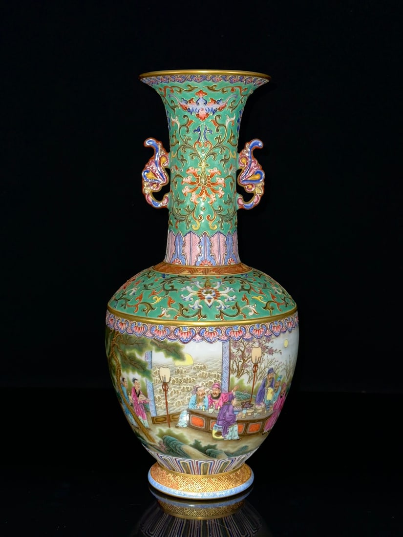 An Exquisite Famille-Rose Green Ground Painted Gold Lotus Pattern Character and Story Pattern with: An Exquisite Famille-Rose Green Ground Painted Gold Lotus Pattern Character and Story Pattern with poem Double-Ears Vase Qing Dynasty, China Qianlong Six-character Mark Size:33.8cmx16cm (The Dimension
