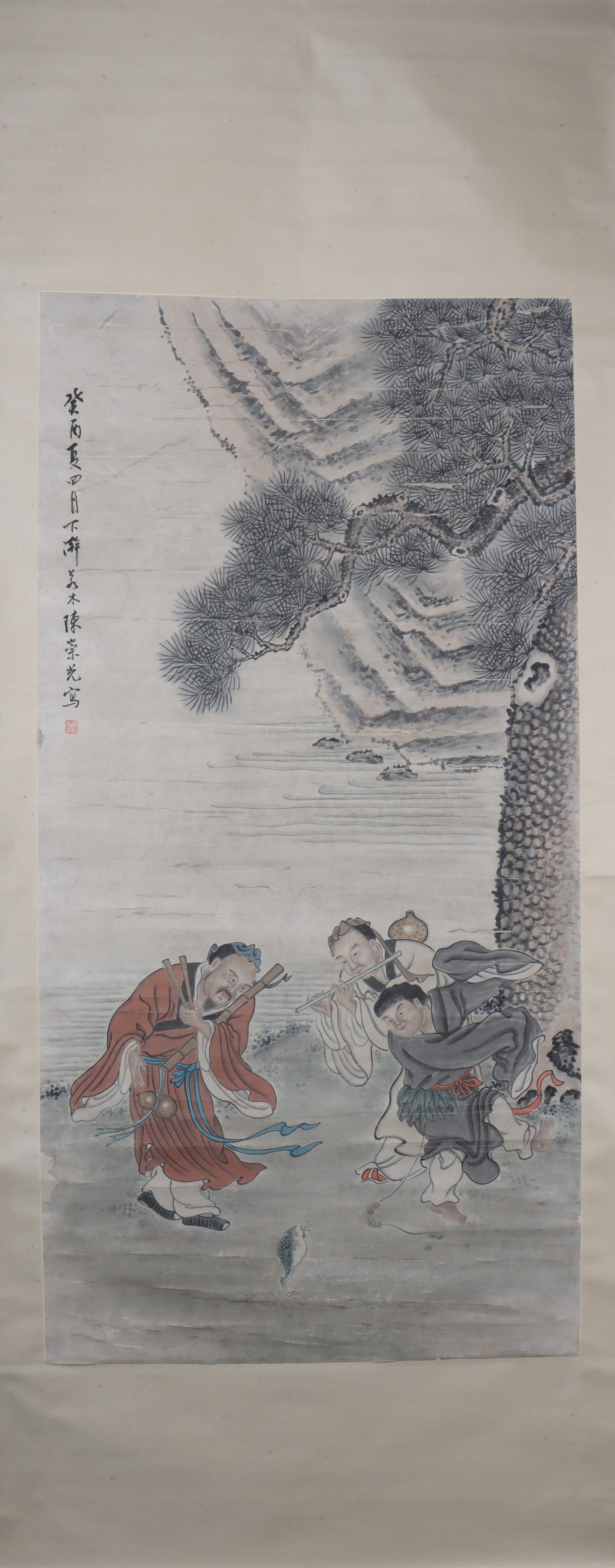 A Chinese Vertical Scroll Ink Painting of Character and Story on Paper: A Chinese Vertical Scroll Ink Painting of Character and Story on Paper Chen chongguang Size:136cmx68cm (The Dimensions Of All Batches Are Manually Measured.If You Need More Detailed Information,