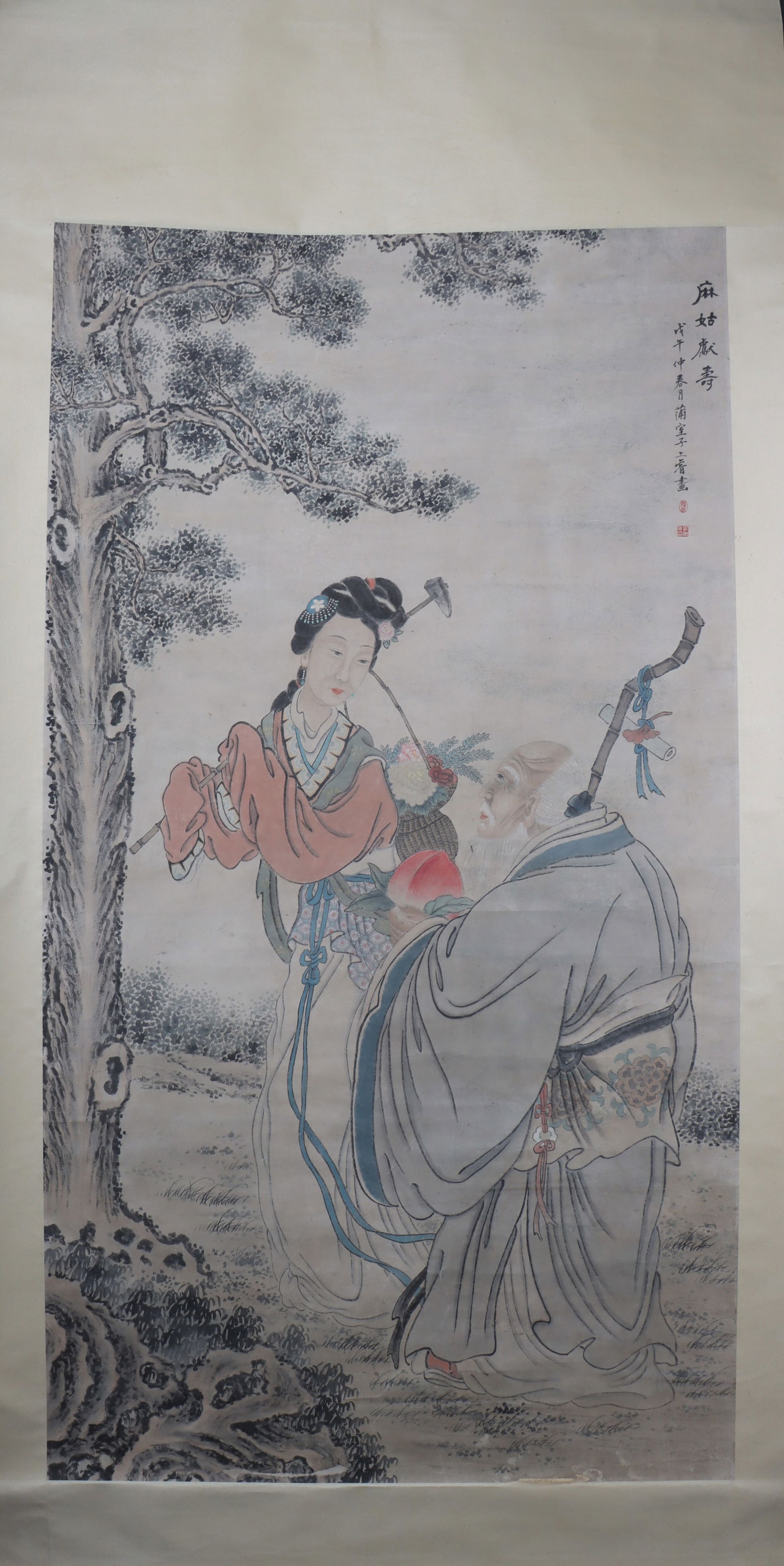A Chinese Vertical Scroll Ink Painting of Figure on Paper: A Chinese Vertical Scroll Ink Painting of Figure on Paper Shang rui Size:175cmx95cm (The Dimensions Of All Batches Are Manually Measured.If You Need More Detailed Information, Please Contact Our