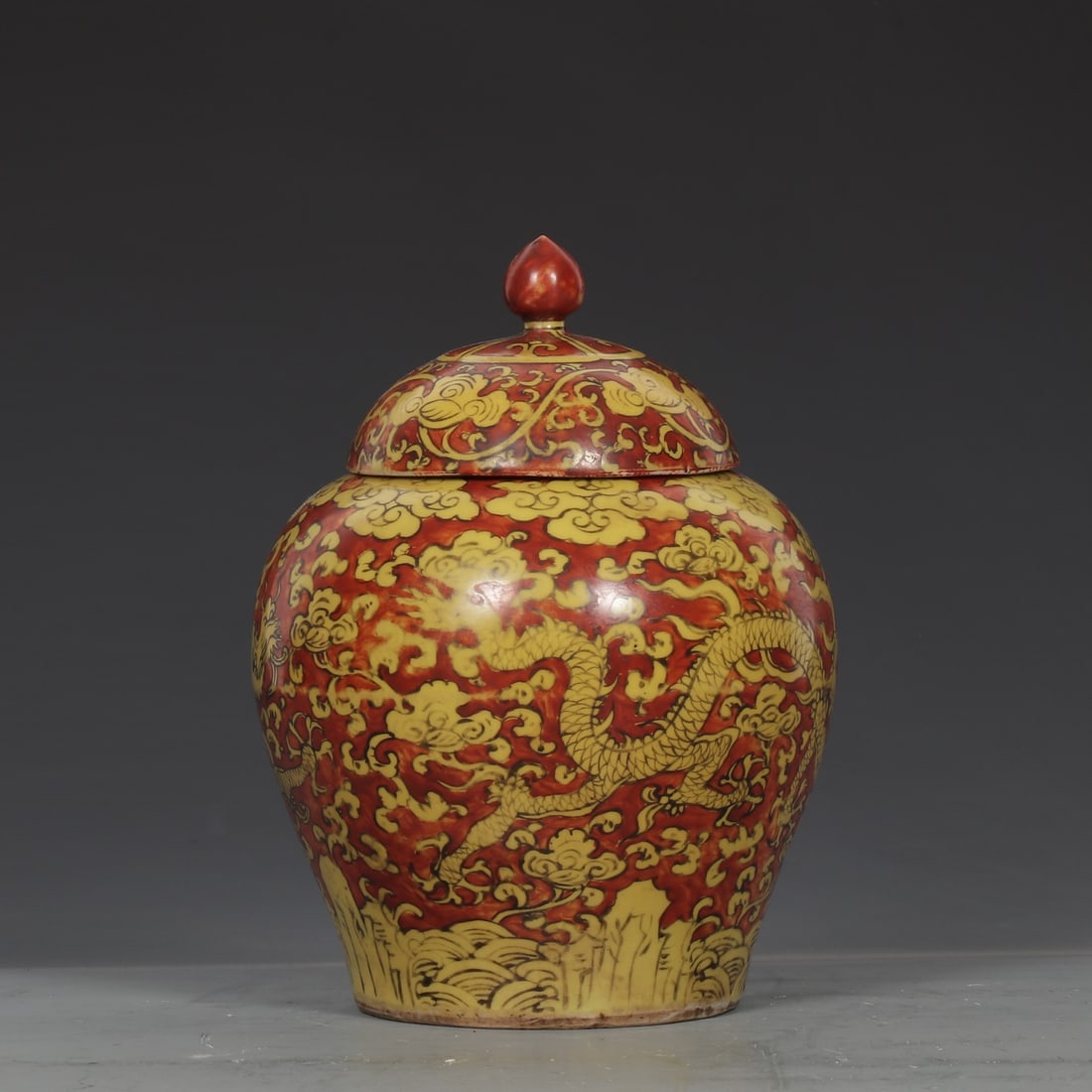 An Exquisite Red Glazed Dragon Pattern Seawater Pattern Lotus Pattern Jar - 5