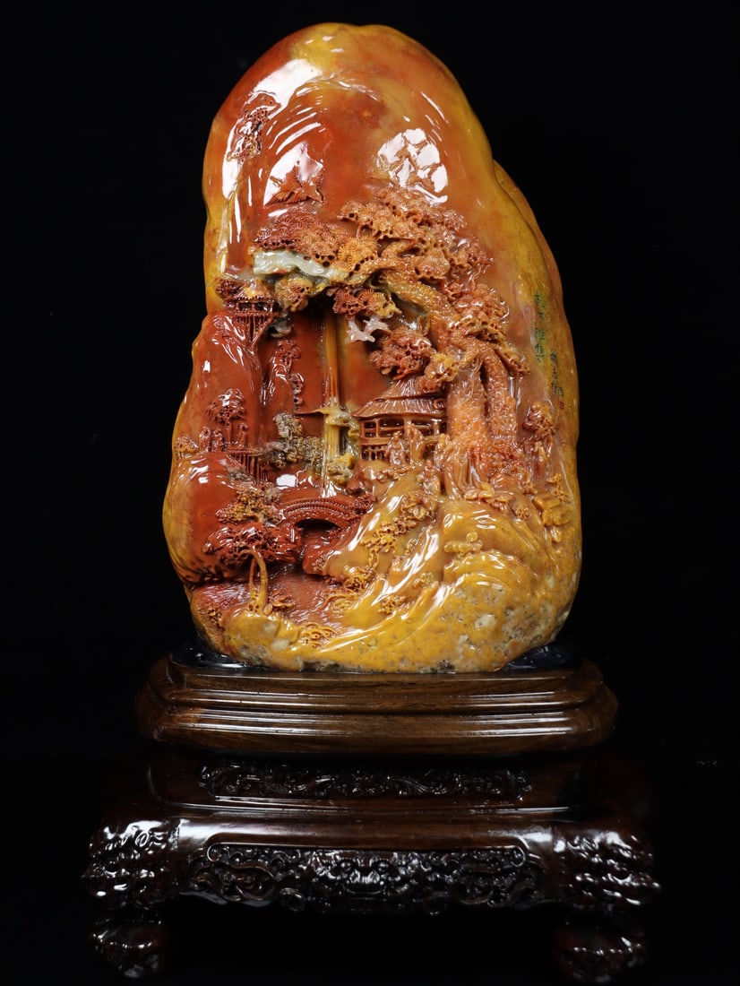 An Exquisite Shoushan Stone Landscape and Figure Pattern Ornament: An Exquisite Shoushan Stone Landscape and Figure Pattern Ornament Qing Dynasty, China Size:44cmx26cmx18cm Weight:11.16kg (The Dimensions Of All Batches Are Manually Measured.If You Need More