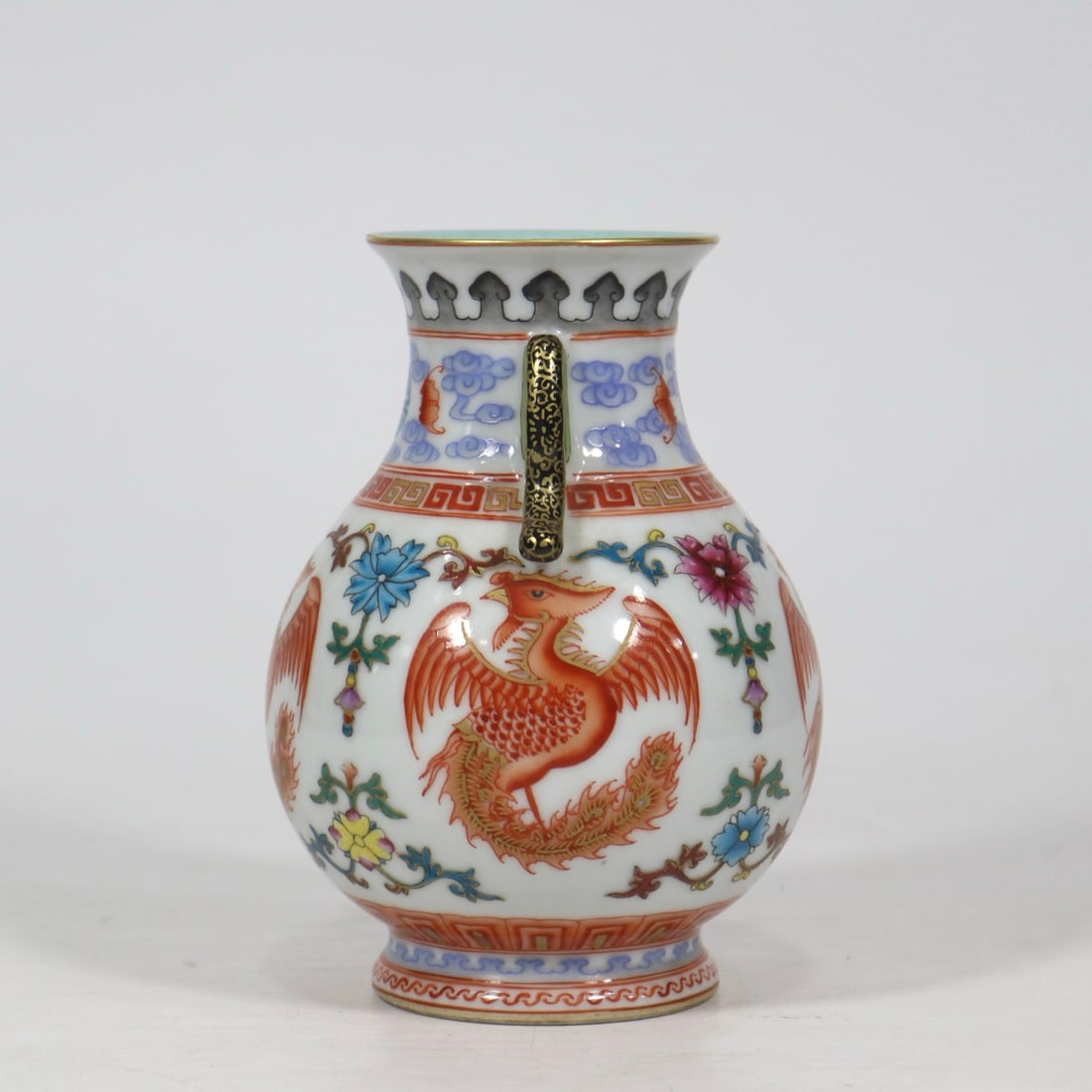 An Exquisite Iron-Red Phoenix Pattern Bats and Peach Pattern Double-Ears Vase - 4