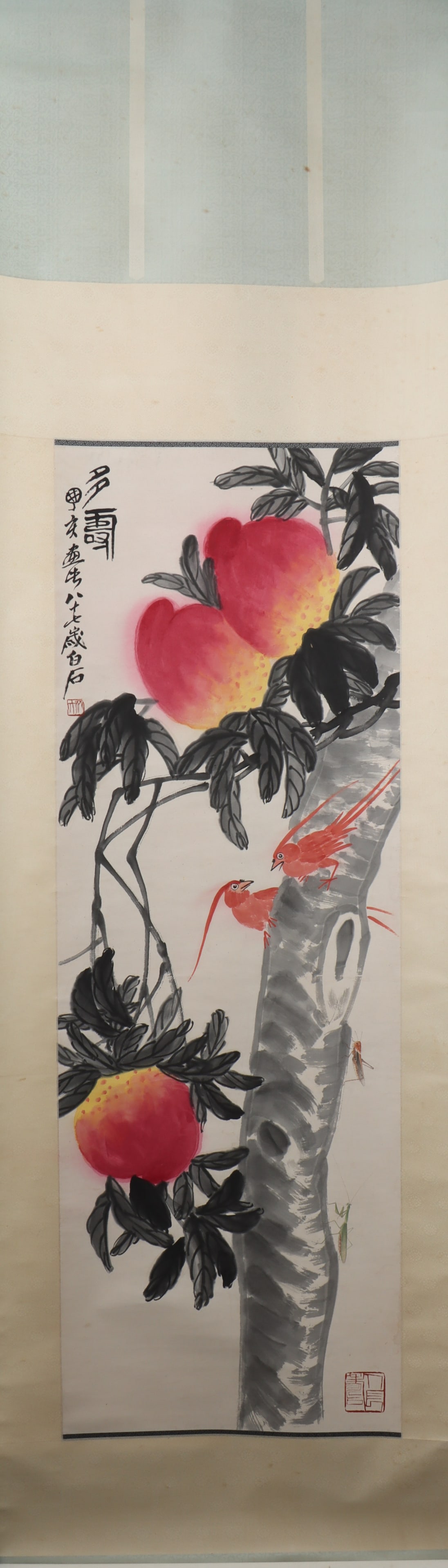 A Chinese Vertical Scroll Ink Painting of Flower and Bird on Paper: A Chinese Vertical Scroll Ink Painting of Flower and Bird on Paper Qi baishi Size:138cmx47cm (The Dimensions Of All Batches Are Manually Measured.If You Need More Detailed Information, Please