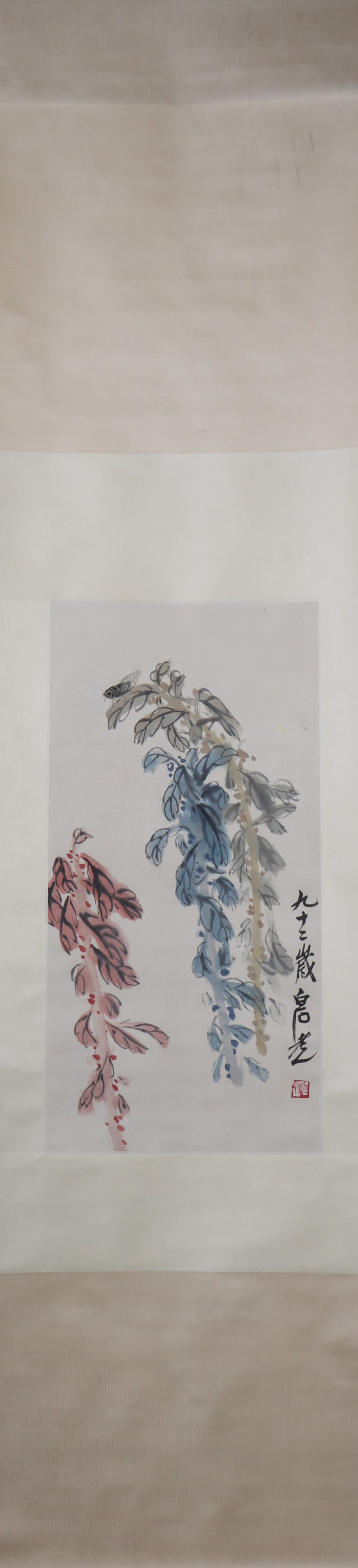 A Chinese Vertical Scroll Ink Painting of Flower on Paper: A Chinese Vertical Scroll Ink Painting of Flower on Paper Qi baishi Size:65cmx32cm (The Dimensions Of All Batches Are Manually Measured.If You Need More Detailed Information, Please Contact Our