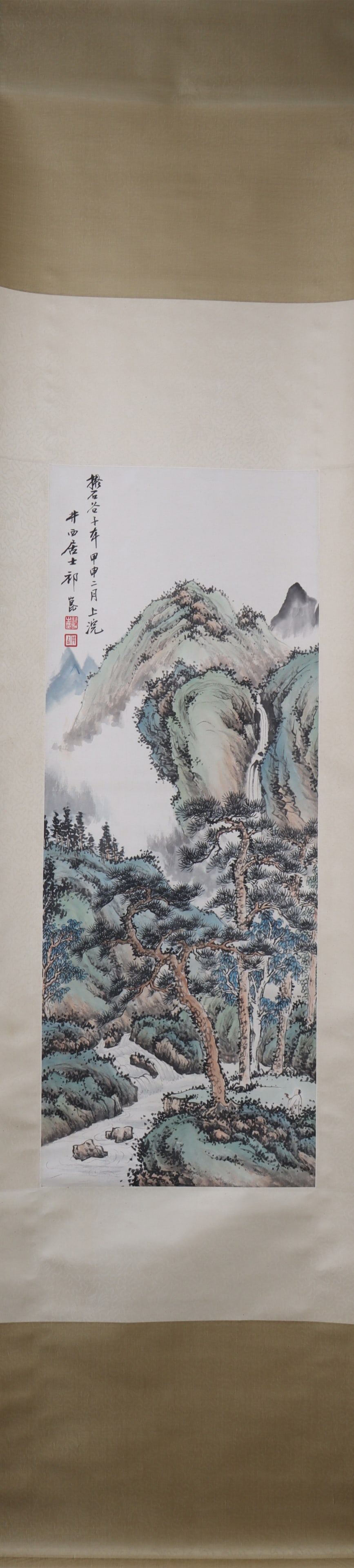 A Chinese Vertical Scroll Ink Painting of Landscape on Paper: A Chinese Vertical Scroll Ink Painting of Landscape on Paper Qi kun Size:91cmx34cm (The Dimensions Of All Batches Are Manually Measured.If You Need More Detailed Information, Please Contact Our