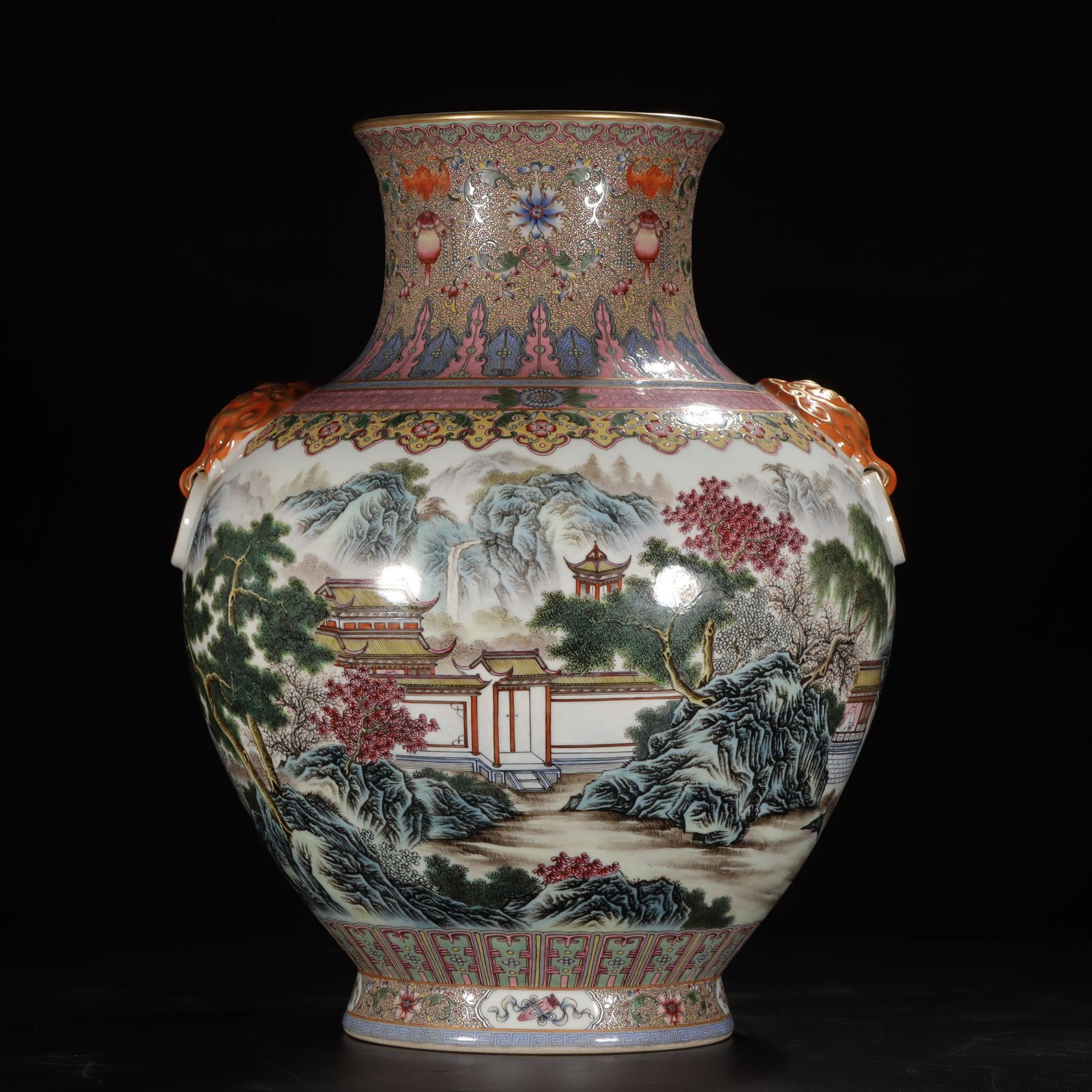 An Exquisite Famille-Rose Painted Gold Landscape Pattern Lotus Pattern Double-Ears Vase: An Exquisite Famille-Rose Painted Gold Landscape Pattern Lotus Pattern Double-Ears Vase Qing Dynasty, China Qianlong Six-character Mark Size:42.5cm (The Dimensions Of All Batches Are Manually