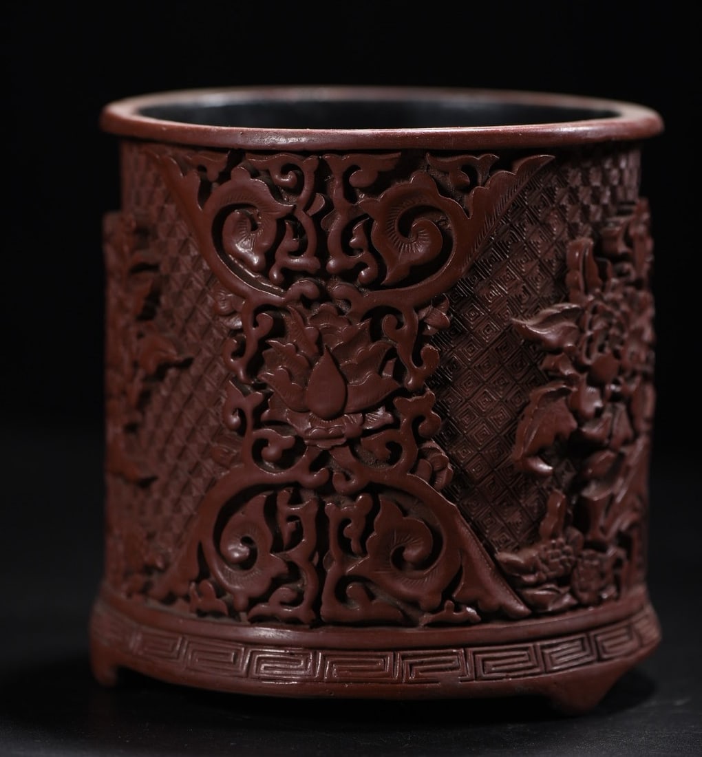 An Exquisite Carved Red Lacquer Flower Pattern Brush Pot - 4