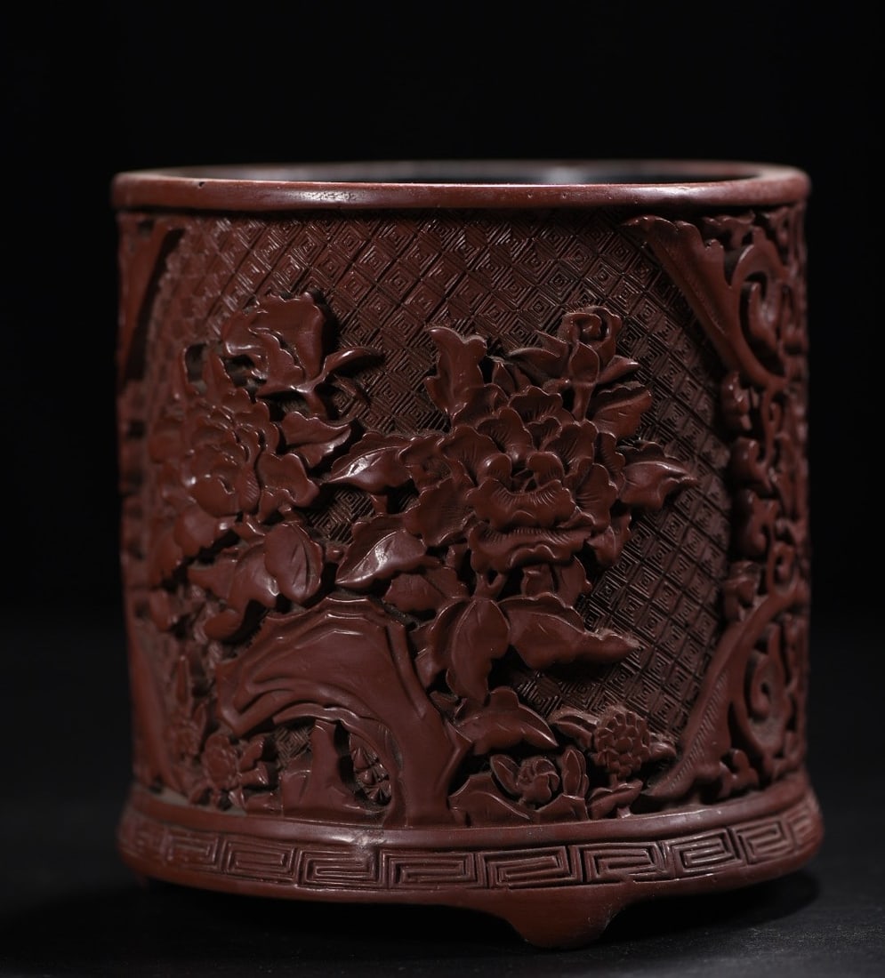 An Exquisite Carved Red Lacquer Flower Pattern Brush Pot - 5