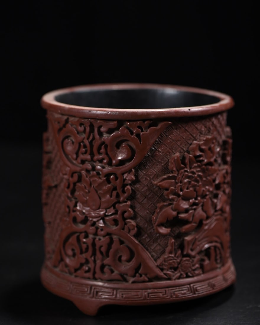 An Exquisite Carved Red Lacquer Flower Pattern Brush Pot - 6