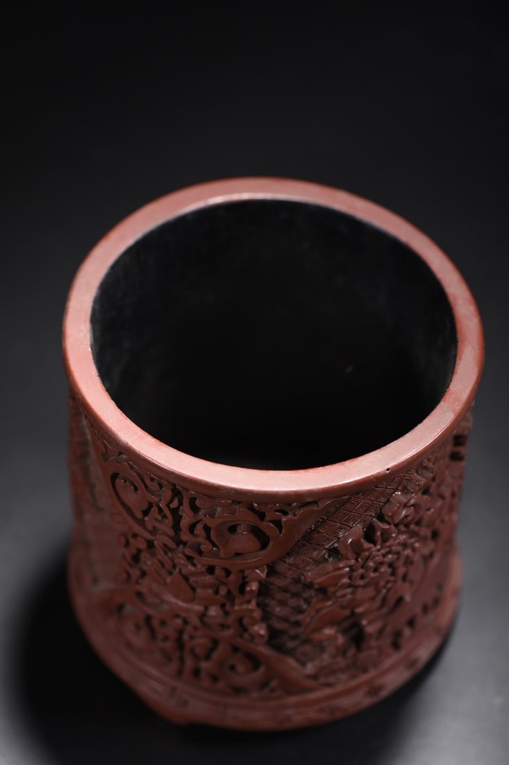 An Exquisite Carved Red Lacquer Flower Pattern Brush Pot - 7