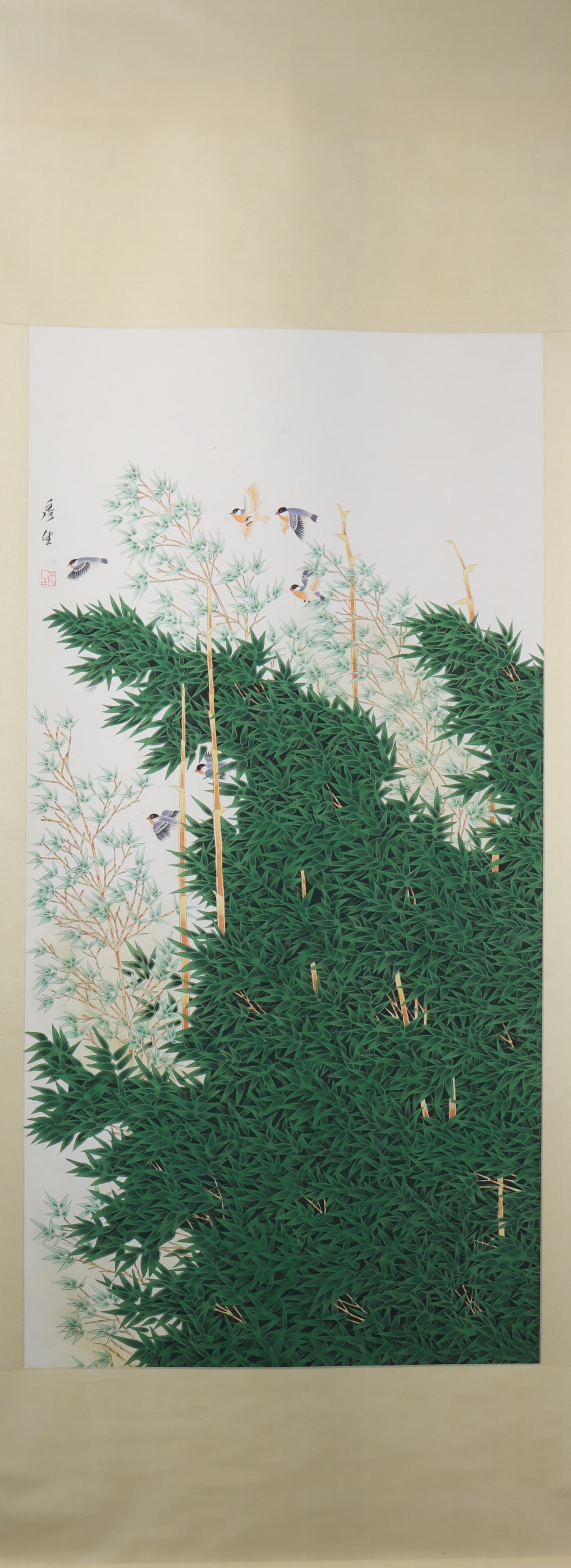 A Chinese Vertical Scroll Ink Painting of Flower and Bird on Paper: A Chinese Vertical Scroll Ink Painting of Flower and Bird on Paper Zhou yansheng Size:132cmx66cm (The Dimensions Of All Batches Are Manually Measured.If You Need More Detailed Information, Please