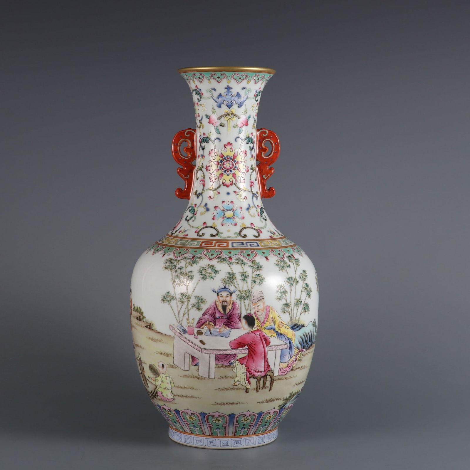 An Exquisite Famille-Rose Bats and Peach Pattern Lotus Pattern Character and Story Pattern: An Exquisite Famille-Rose Bats and Peach Pattern Lotus Pattern Character and Story Pattern Double-Ears Vase Qing Dynasty, China Daoguang Six-character Mark Size:33cmx16cm (The Dimensions Of All