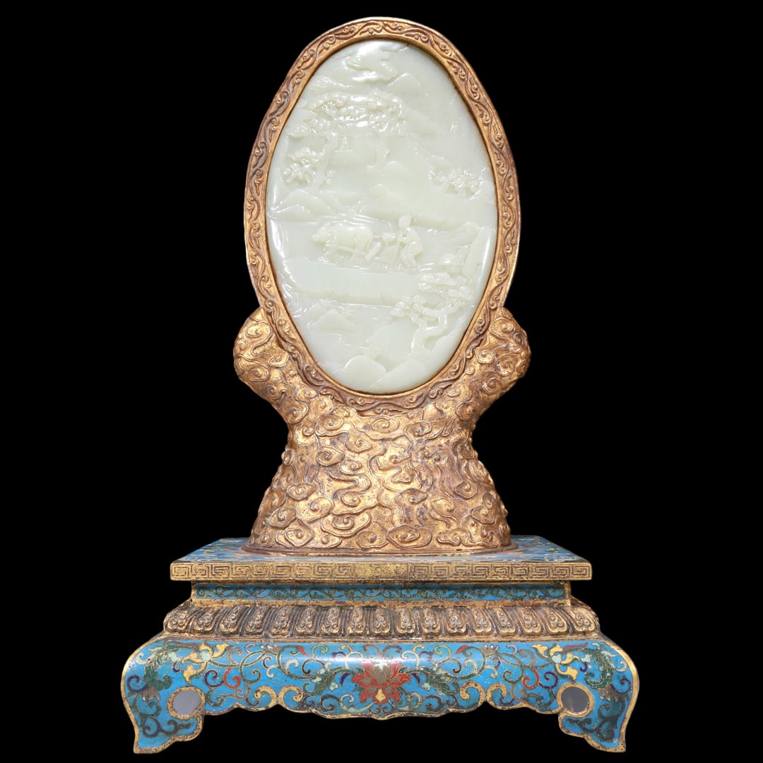 A Fabulous Cloisonne White Jade-Inlaid 'Landscape& Figure' Table Screen: A Fabulous Cloisonne White Jade-Inlaid 'Landscape& Figure' Table Screen. Carved with a robed figure, a buffalo and lush pines amidst a mountainous landscape. Chinese Qing Dynasty. Qianlong