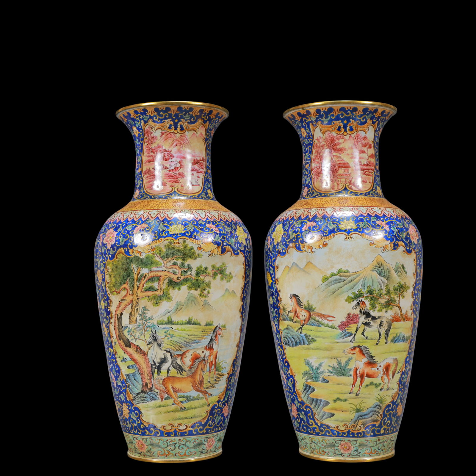 A Exquisite A pair of Coppery Enamel Lotus Pattern Landscape Pattern Horse Pattern Vase: A Exquisite A pair of Coppery Enamel Lotus Pattern Landscape Pattern Horse Pattern Vase Qing Dynasty, China Qianlong Six-character Mark Size:14cmx31cm Weight:2800g (The Dimensions Of All Batches