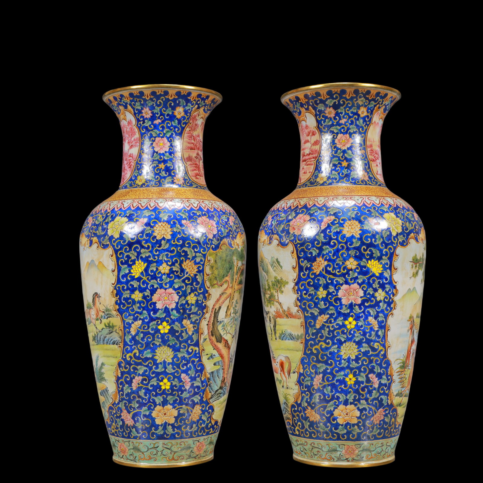 A Exquisite A pair of Coppery Enamel Lotus Pattern Landscape Pattern Horse Pattern Vase - 2