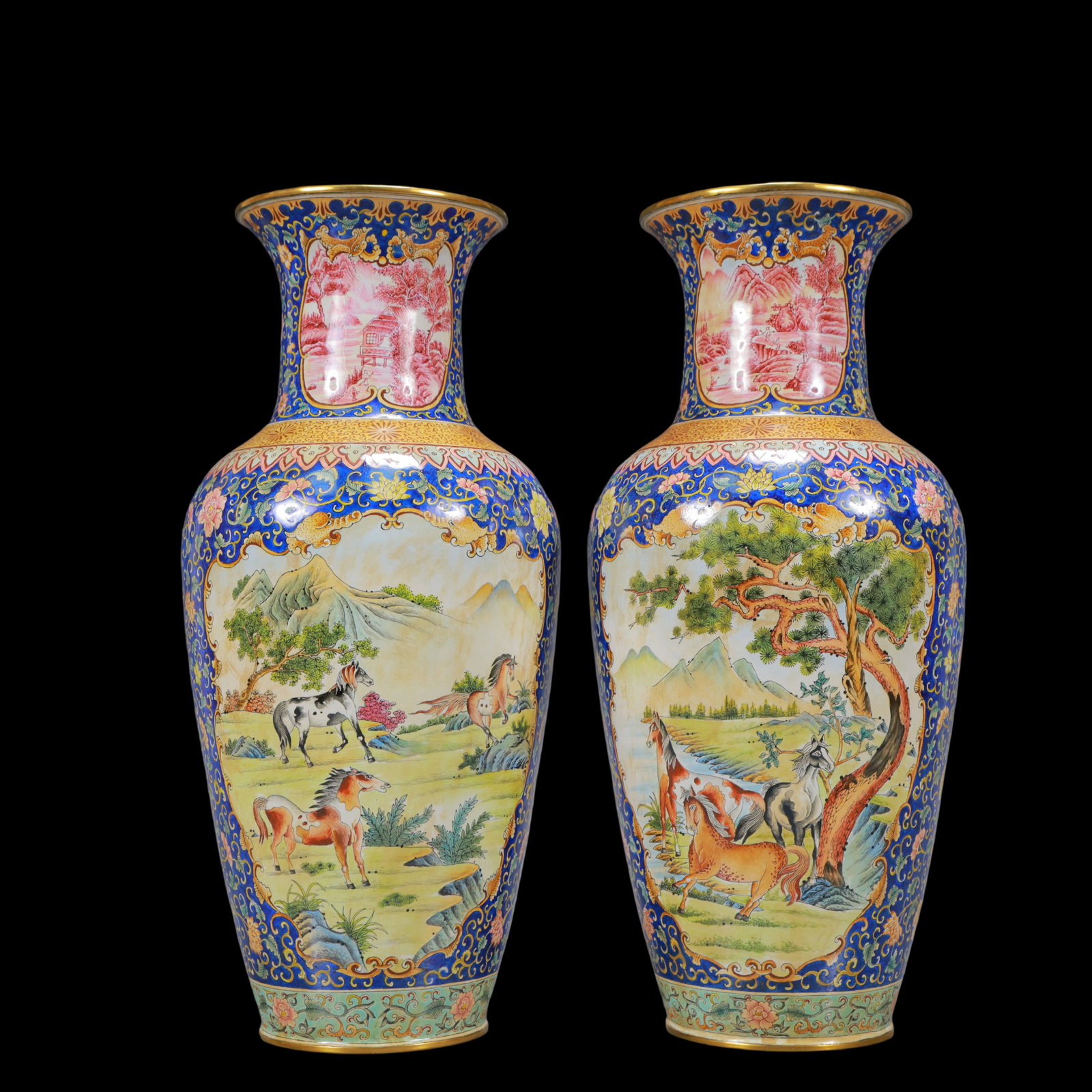 A Exquisite A pair of Coppery Enamel Lotus Pattern Landscape Pattern Horse Pattern Vase - 3