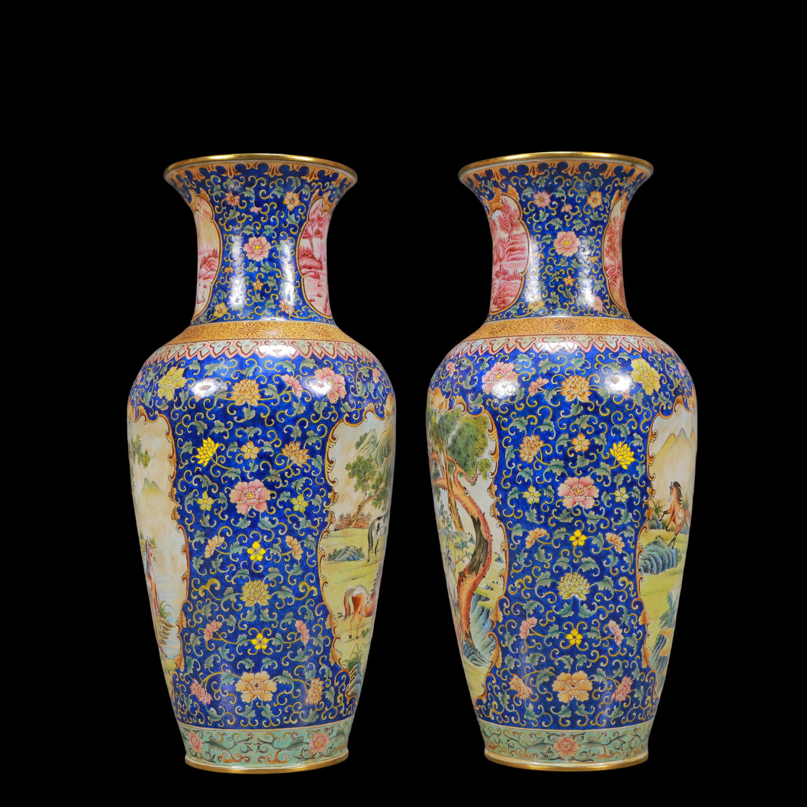 A Exquisite A pair of Coppery Enamel Lotus Pattern Landscape Pattern Horse Pattern Vase - 4