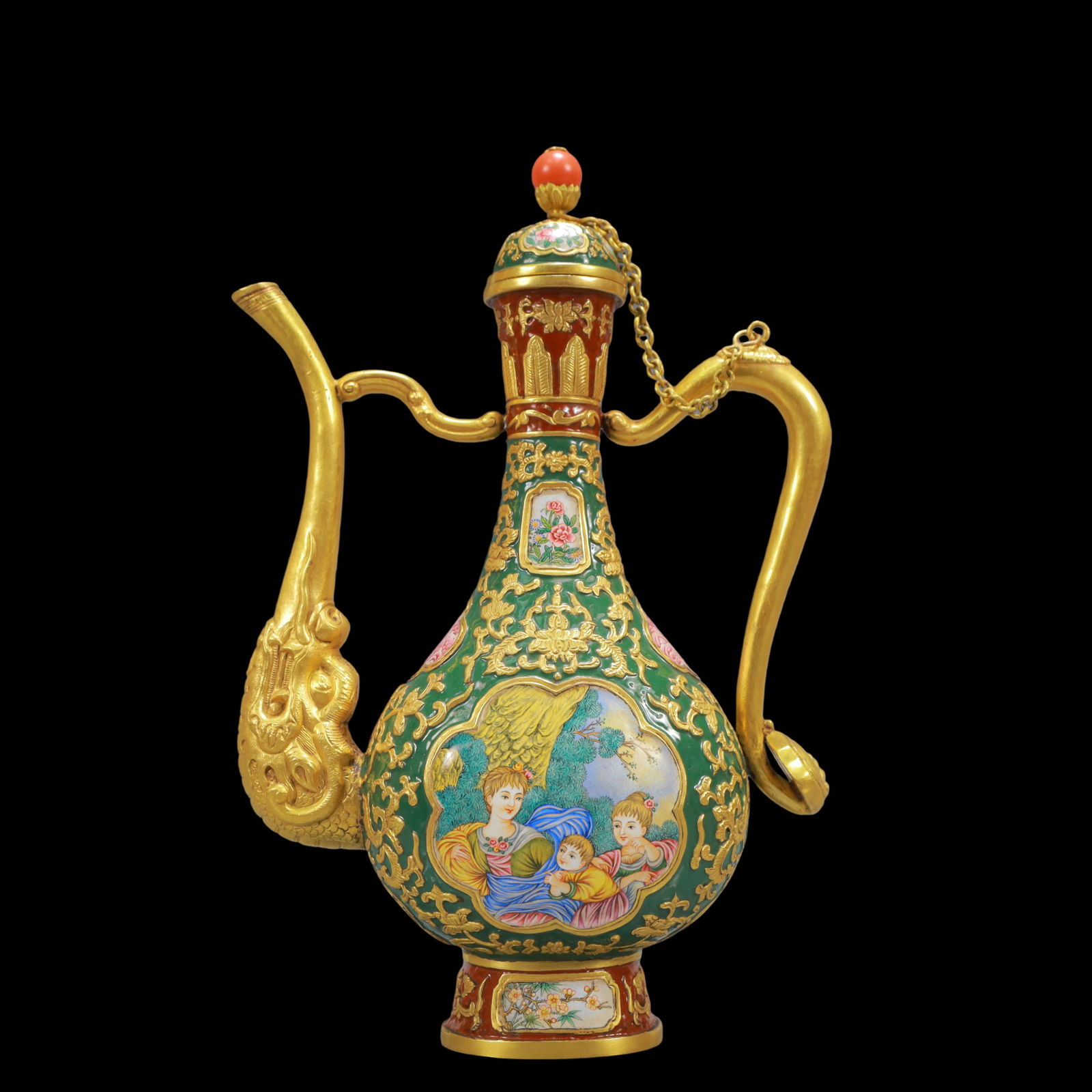 A Exquisite Coppery Enamel Lotus Pattern Flower Pattern Character and Story Pattern Ewer: A Exquisite Coppery Enamel Lotus Pattern Flower Pattern Character and Story Pattern Ewer Qing Dynasty, China Qianlong Six-character Mark Size:15cmx7cmx22cm Weight:450g (The Dimensions Of All