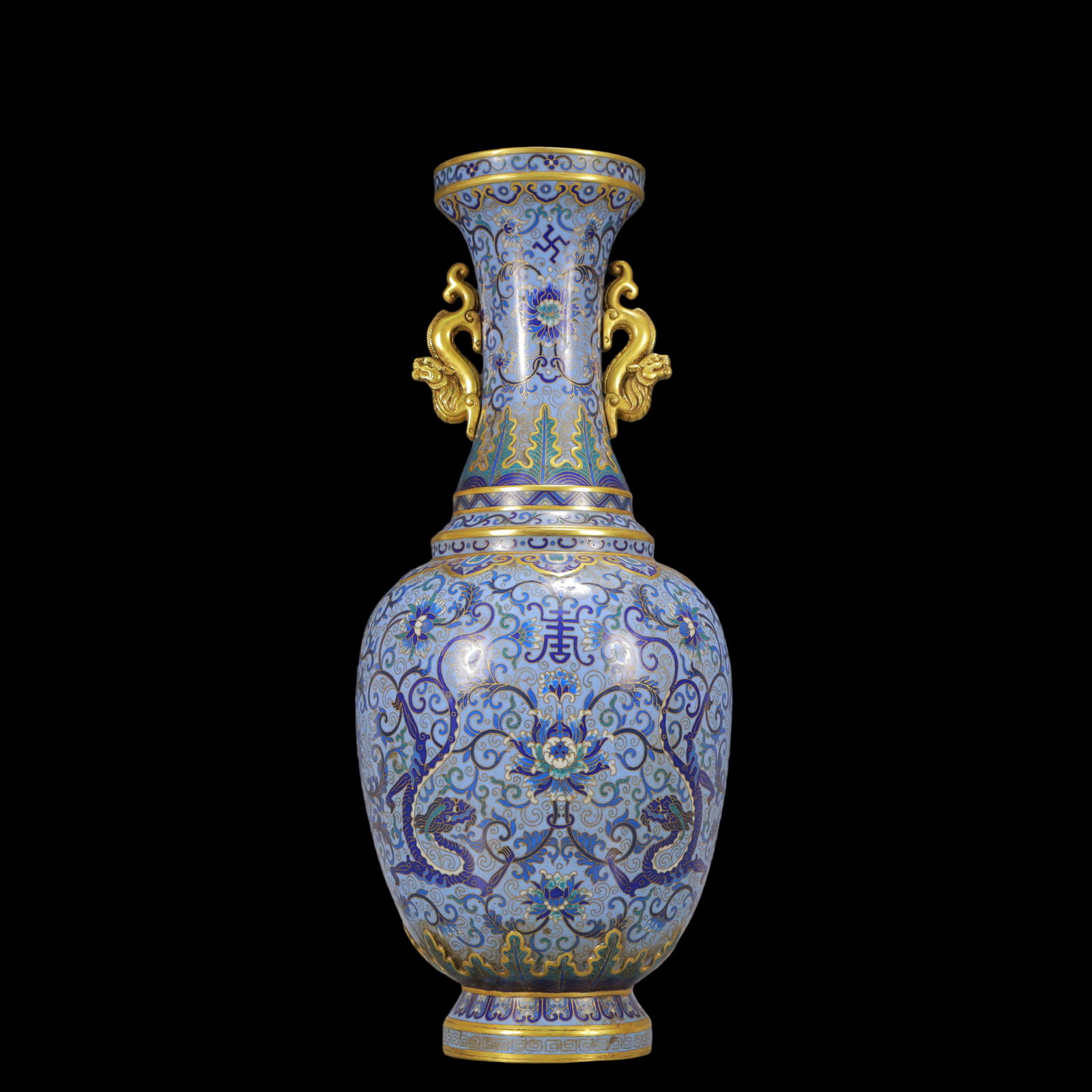 A Huge Cloisonne Lotus and Dragon Pattern Double-Ears Vase: A Huge Cloisonne Lotus and Dragon Pattern Double-Ears Vase Qing Dynasty China Qianlong Four-character Mark Size:17cmx46cm Weight:6900g (The Dimensions Of All Batches Are Manually Measured.If