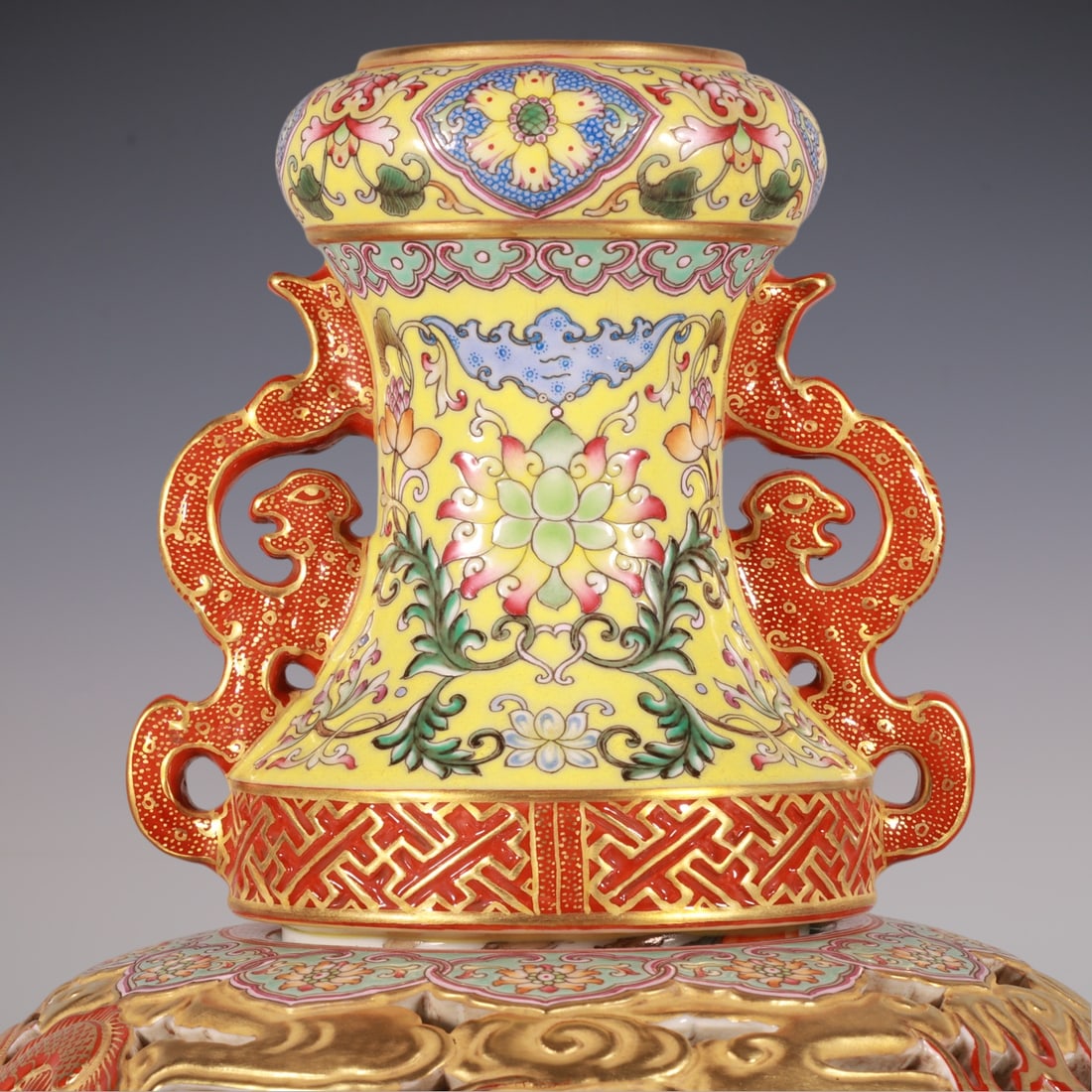 An Exquisite Enamel Lotus Pattern Dragon Pattern Bats and Peach Pattern Double-Ears Vase - 2